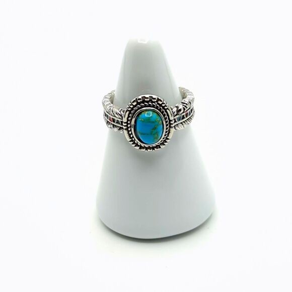 Turquoise Ring - Silver Feather Band - Southwest Coastal Cowgirl - Size 9 - Picture 1 of 3